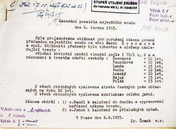 Ukázka z osobního spisu vězně. Formulář dokumentující uložení nových trestů dne 6.6. 1955.