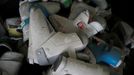 Ski boots lie at an abandoned ski rental shop