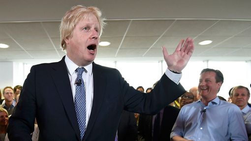 Britský premiér David Cameron (vpravo) naslouchá Borisi Johnsonovi.