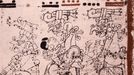 Detail of a page from the codex Troana Cortesianus, also know as the Madrid Codex. One of only four surviving Mayan codices it is composed entirely of almanacs organized in terms of the 260-day ritual calendar used throughout Mesoamerica for divination and prophecy. Country of Origin: Mexico. Culture: Mayan. Date/Period: Radiocarbon dated to A.D 1230+/-130. Material Size: Paper made of fig tree bark. Credit Line: Werner Forman Archive/ Museum of Americas, Madrid . Location: 33.