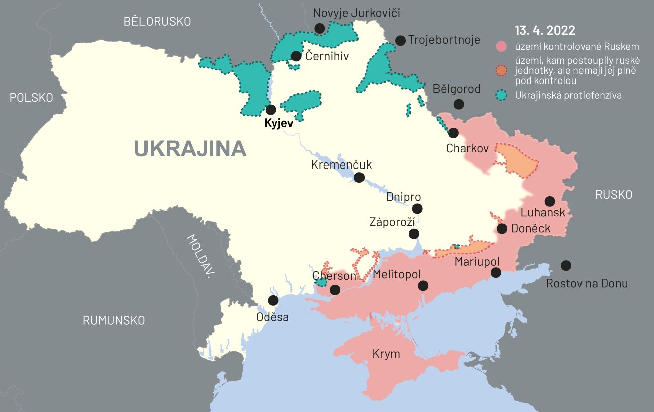 13. březen 2022: Mapa bojů na Ukrajině