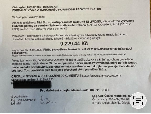 Výzva k zaplacení italské pokuty od společnosti LogiCall