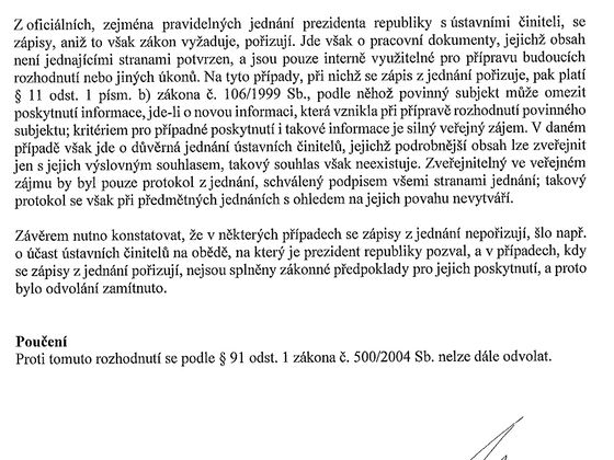 Mynářova odpověď na žádosti o zápisy ze schůzek prezidenta s ústavními činiteli.
