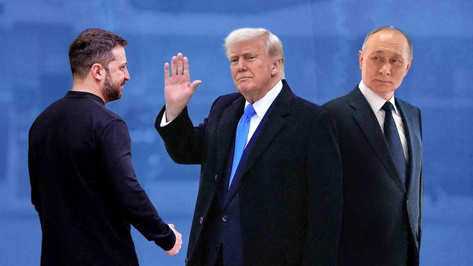 Ukrajinský prezident Volodymyr Zelenskyj, americký prezident Donald Trump a ruský prezident Vladimir Putin.