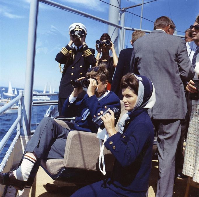 Former United States President John F. Kennedy and first lady Jackie Kennedy watch the first of the 1962 America's Cup races aboard the USS Joseph P. Kennedy Jr., off Newport, Rhode Island, in this handout image taken on September 15, 1962.