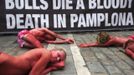 Animal rights protesters lie covered in fake blood as they form the words "Stop bullfighting" during a demonstration calling for the abolition of bull runs and bullfights, a day before the start of the famous running of the bulls San Fermin festival, in Pamplona July 5, 2012. The annual week-long fiesta gets underway July 6, with the first bull run in the morning of July 7. REUTERS/Susana Vera (SPAIN - Tags: CIVIL UNREST SOCIETY POLITICS) Published: Čec. 5, 2012, 12:07 odp.