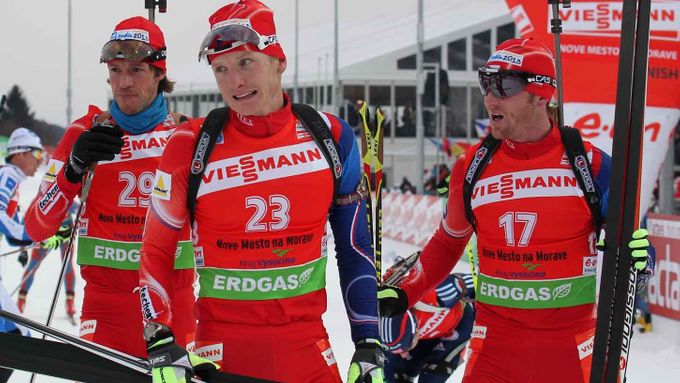 Tři čeští závodníci v cíli - (zleva) Jaroslav Soukup, Ondřej Moravec a Michal Šlesingr