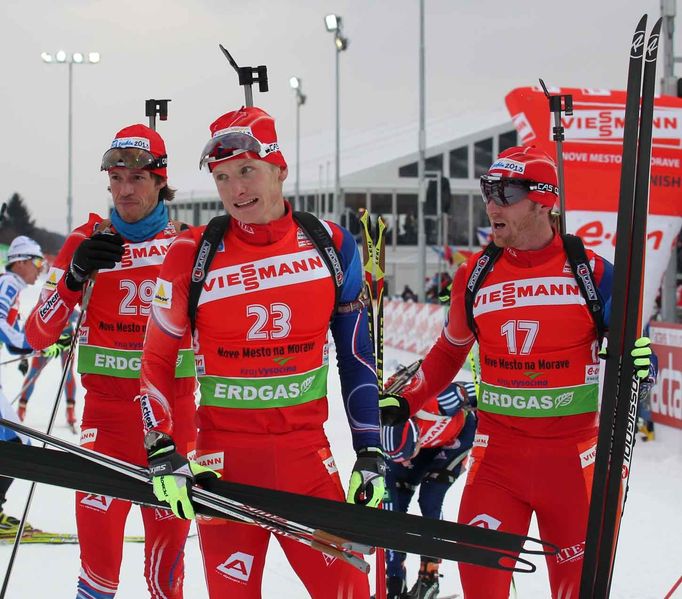 Tři čeští závodníci v cíli - (zleva) Jaroslav Soukup, Ondřej Moravec a Michal Šlesingr