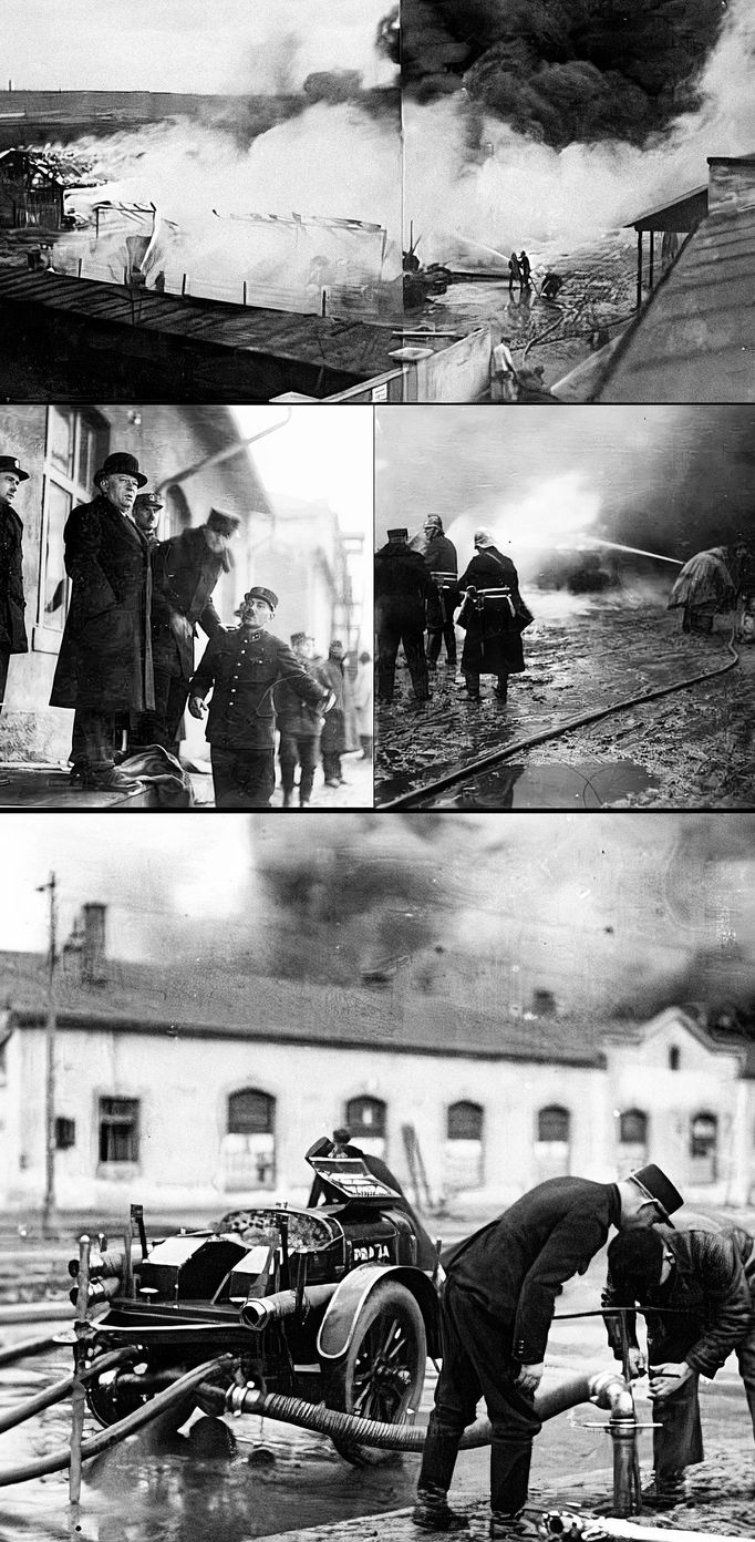 Požár továrny na laky Thurm a Beschke, ke kterému došlo 15.února 1935 v Praze ve Vysočanech. Koláž z výřezů dobových snímků.