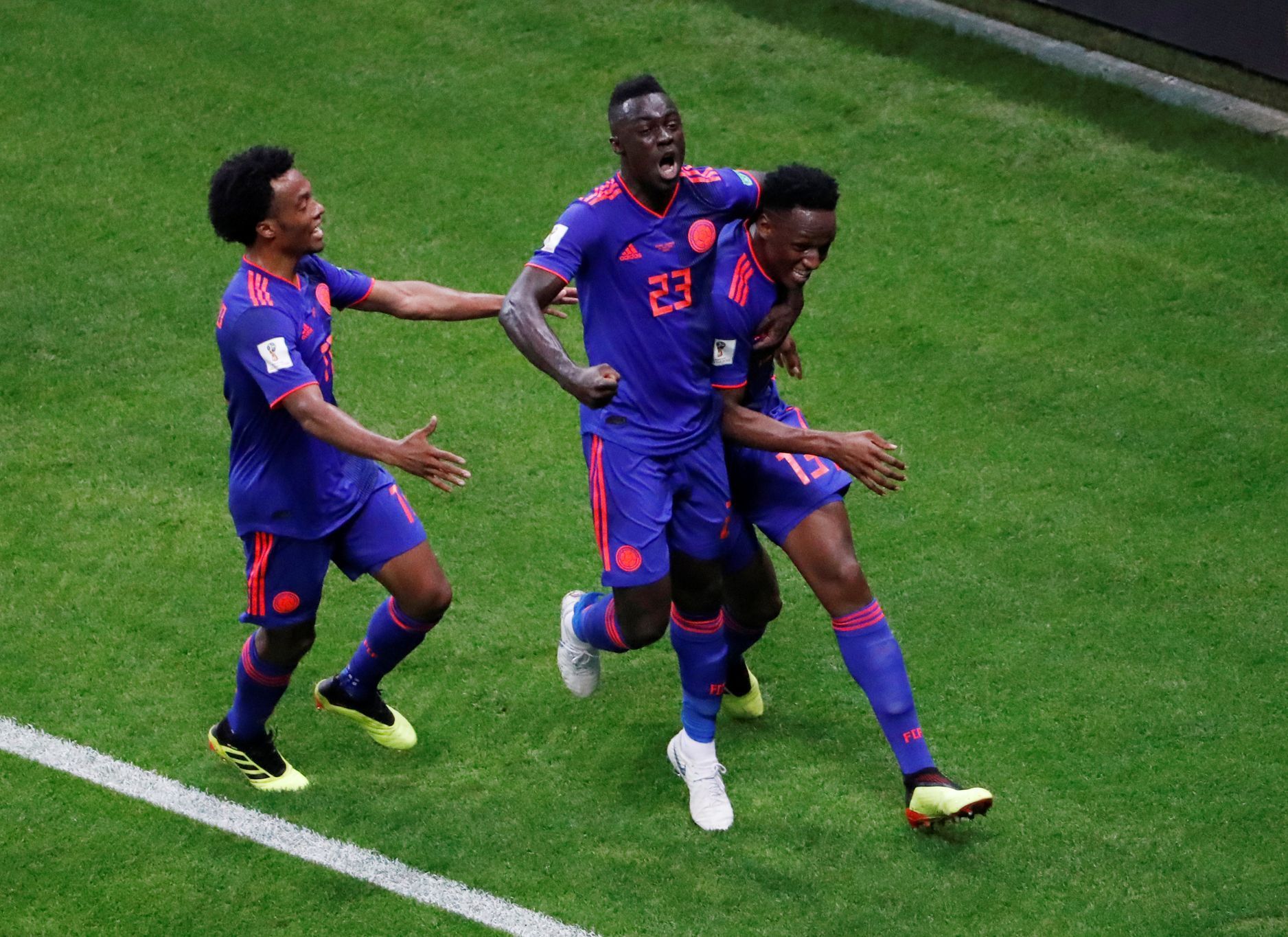 Yerry Mina slaví gól v zápase Polsko - Kolumbie na MS 2018