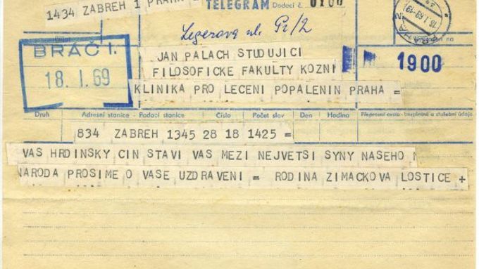 Jeden z telegramů, který dorazil Janu Palachovi do nemocnice. Den před jeho smrtí.
