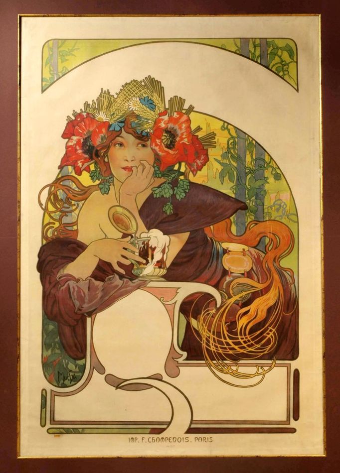 Alfons Mucha: Bières de la Meuse. F. Champenois, Paříž, Francie, 1897, barevná litografie.