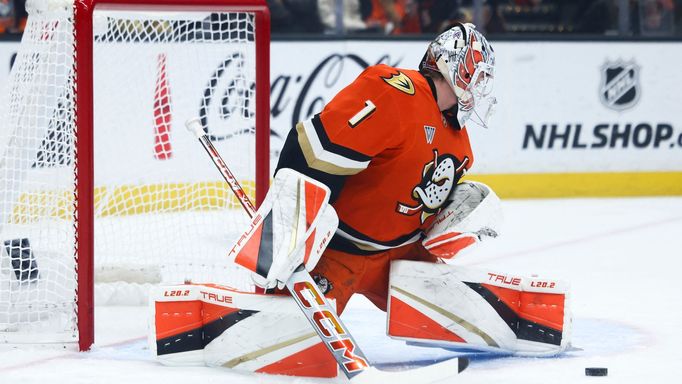 Nov 13, 2024; Anaheim, California, USA; Anaheim Ducks goaltender Lukas Dostal (1) makes a save against the Vegas Golden Knights during the first period of a hockey game a