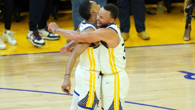 Jun 5, 2022; San Francisco, California, USA; Golden State Warriors guard Jordan Poole (3) and guard Stephen Curry (30) celebrate in the second half against the Boston Cel