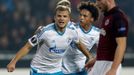 Schalke 04's Johannes Geis (L) celebrates with his teammate Leroy Sane after scoring a goal against Sparta Prague during their Europa League soccer match in Prague, Czech