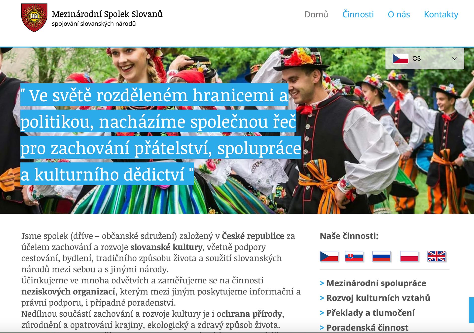 Webové stránky Mezinárodního spolku Slovanů, který Freimannův dezinformační web podporoval.