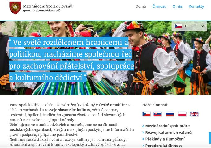 Webové stránky Mezinárodního spolku Slovanů, který Freimannův dezinformační web podporoval.