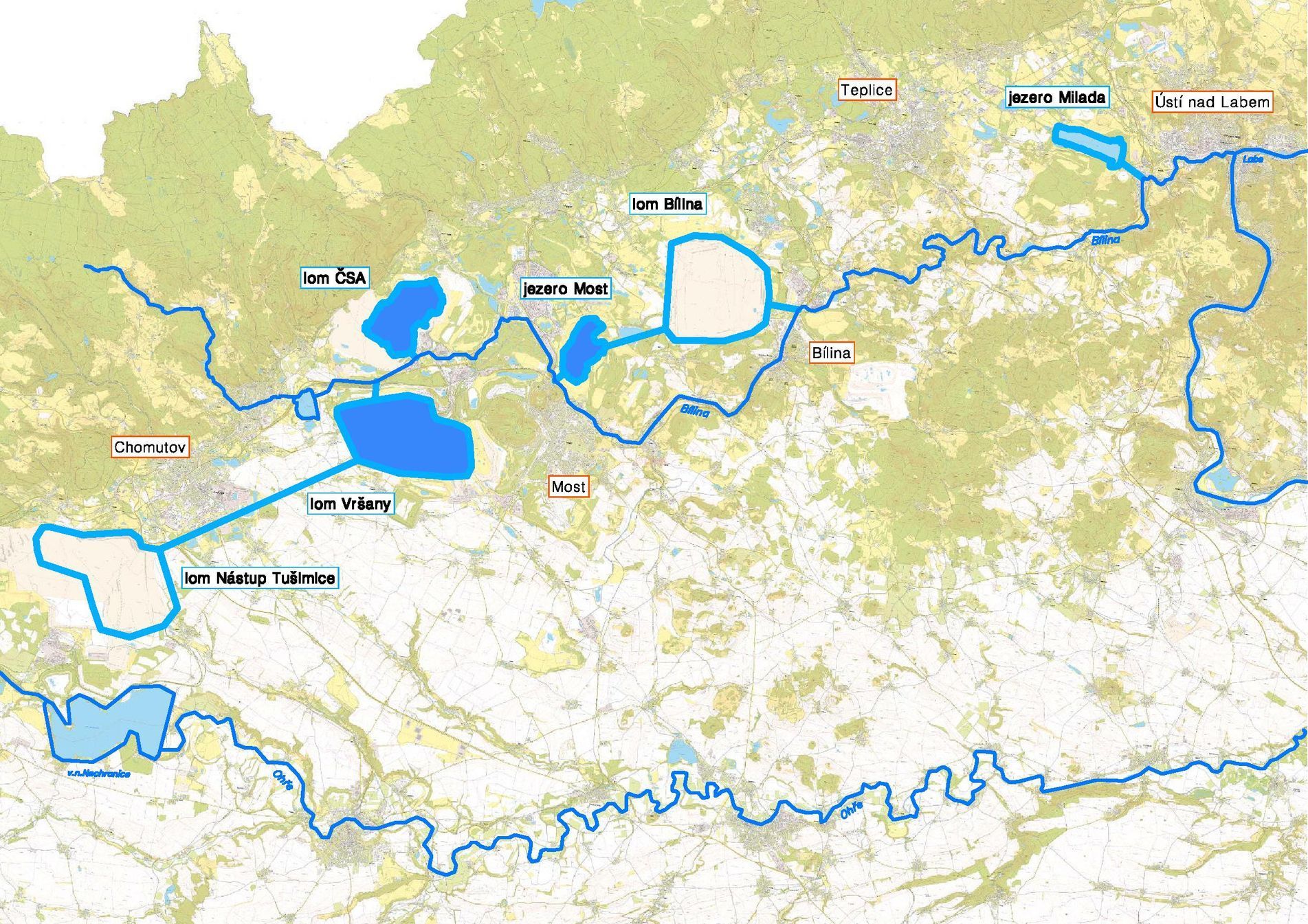 Mapa možného propojení budoucích těžebních dolů v Ústeckém kraji