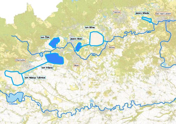 Vize propojené soustavy jezer na Ústecku (stav plánu k dnešnímu dni, není konečný). 
