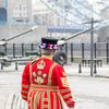 Dělová salva u Toweru v Londýně na počest safírového jubilea královny Alžběty II., 6. února 2017. Beefeateři se účastní ceremoniálu.