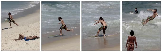 Víte co je to skimboarding? Tato verze surfování se obejde bez klasického velkého prkna s ploutvičkou i bez pracného veslování rukama daleko od břehu. Stačí se rozběhnout, naskočit a už surfujete. Demonstrace na fotografii pochází z brazilské pláže ipanema v Riu de Janeiru.