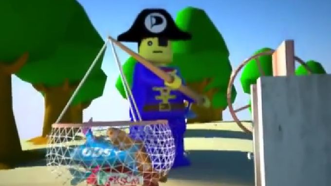 Spot Pirátů s názvem "Vypustíme kaprům rybník" kde použili figurku značky Lego.