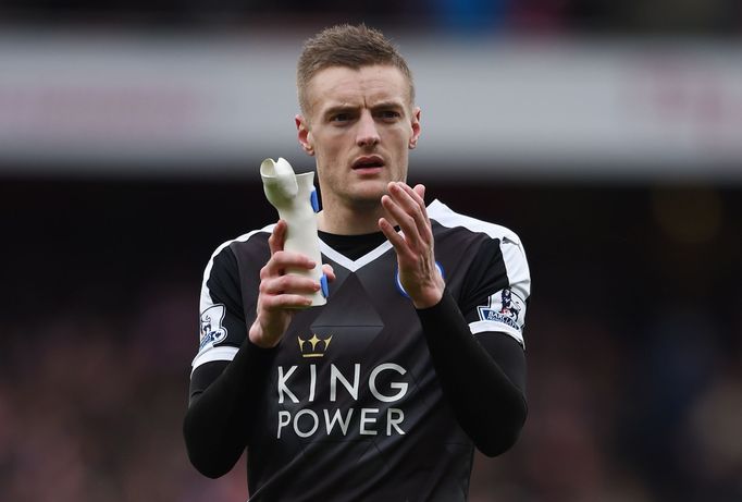 Leicester's Jamie Vardy applauds fans after the game