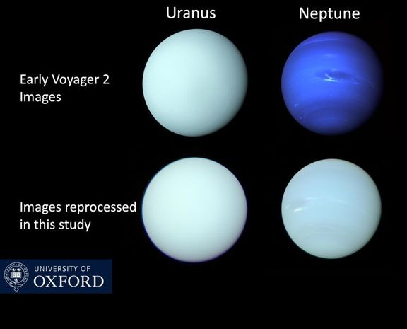 V prvním řádku je Uran a Neptun tak, jak je zobrazili vědci ze snímků ze sondy Voyager 2. Pod nimi snímky z aktuální studie. 