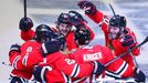 Chicago Blackhawks' Michael Frolik (67) and Brandon Saad (20) celebrate a goal by teammate Johnny Oduya (27) with Duncan Keith (L) and Marcus Kruger during the third peri