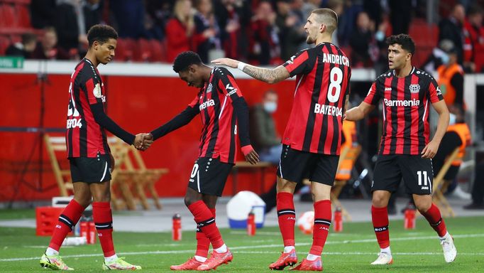 Soccer Football - DFB Cup - Second Round - Bayer Leverkusen v Karlsruher SC - BayArena, Leverkusen, Germany - October 27, 2021  Bayer Leverkusen's Jeremie Frimpong celebr