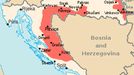 Mapa znazorňující Republiku Srbská Krajina v Chorvatsku v letech 1991 až 1995. Operace Bouře ukončila její existenci.