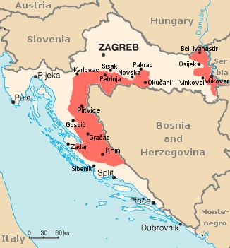 Mapa znazorňující Republiku Srbská Krajina v Chorvatsku v letech 1991 až 1995. Operace Bouře ukončila její existenci.