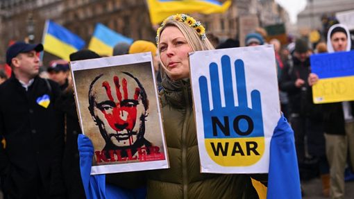 Protest proti ruské invazi na Ukrajinu v Londýně, snímek z 5. března 2022