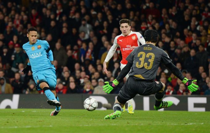 Arsenal's Petr Cech saves from Barcelona's Neymar