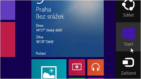 Na pravé boční straně lze zobrazit panel, kde se nachází nabídka tlačítek pro vyhledávání nebo sdílení souborů, stejně tak je tu umístěná nabídka pro změnu nastavení. Panel uživatel zobrazí buď tahem prstů, nebo kliknutím myší do levého horního rohu a následným tahem dolů. Na stejném místě vlevo je umístěný panel, který zobrazuje poslední používané aplikace. | Foto: Aktuálně.cz