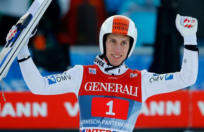 Austria's  Diethart celebrates after winning the second jumping of the four-hills tournament in Garmisch-Partenkirchen