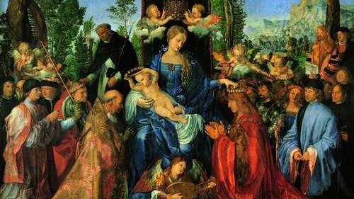 Albrecht Dürer, Růžencová slavnost, 1506. Olej, topolové dřevo, 162 x 192 cm, Praha, Národní galerie v Praze, inv. č. O 1552 Snímek: NG