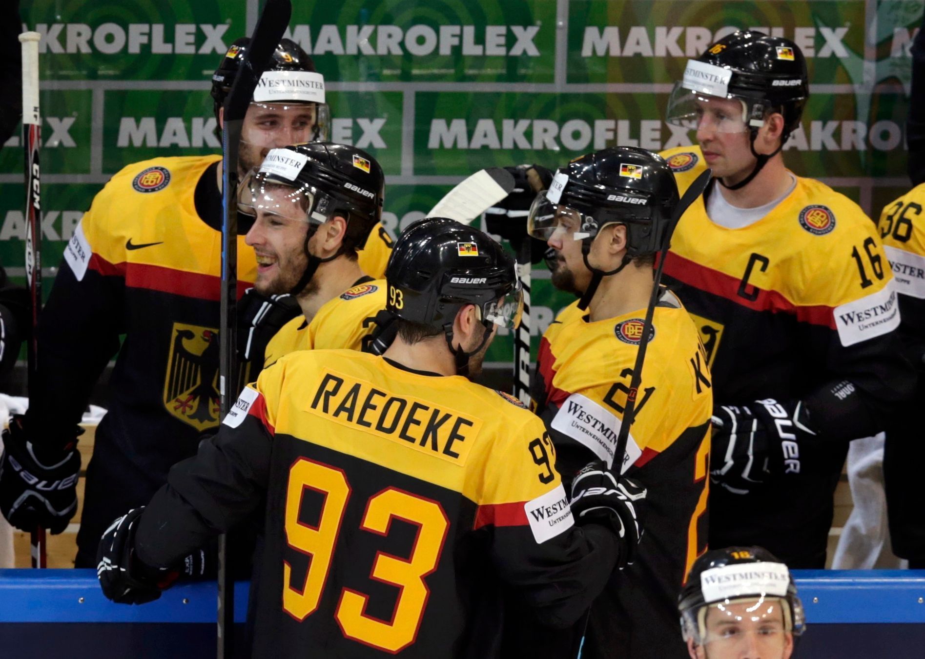 Germany's Plachta celebrates his goal against Latvia with team mates during their Ice Hockey World Championship game at the O2 arena in Prague