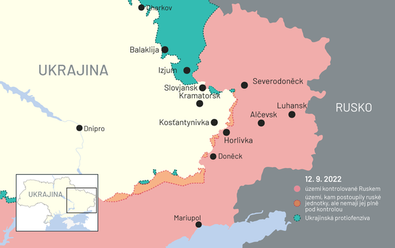 Ukrajinská ofenziva v Charkovské oblasti znázorněná na mapě.