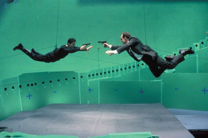 1999 - The Matrix - Movie Set Image: 0093949198, License: Rights managed, Restrictions: This image is NOT available for commercial or promotional use and is being made available for editorial reference usage only., 1999; The Matrix. Original Film Title: The Matrix, PICTURED: KEANU REEVES, HUGO WEAVING, Composer: Don Davis, Director: Larry Wachowski, IN CAST: Keanu Reeves, Laurence Fishburne, Carrie-Anne Moss, Joe Pantoliano, Hugo Weaving, Gloria Foster, Marcus Chong, Paul Goddard, Robert Taylor, Julian Arahanga, Matt Doran, Belinda Mcclory, Anthony Ray Parker, Place: USA, Model Release: No or not aplicable, Credit line: Profimedia.cz, Entertainment Pictures