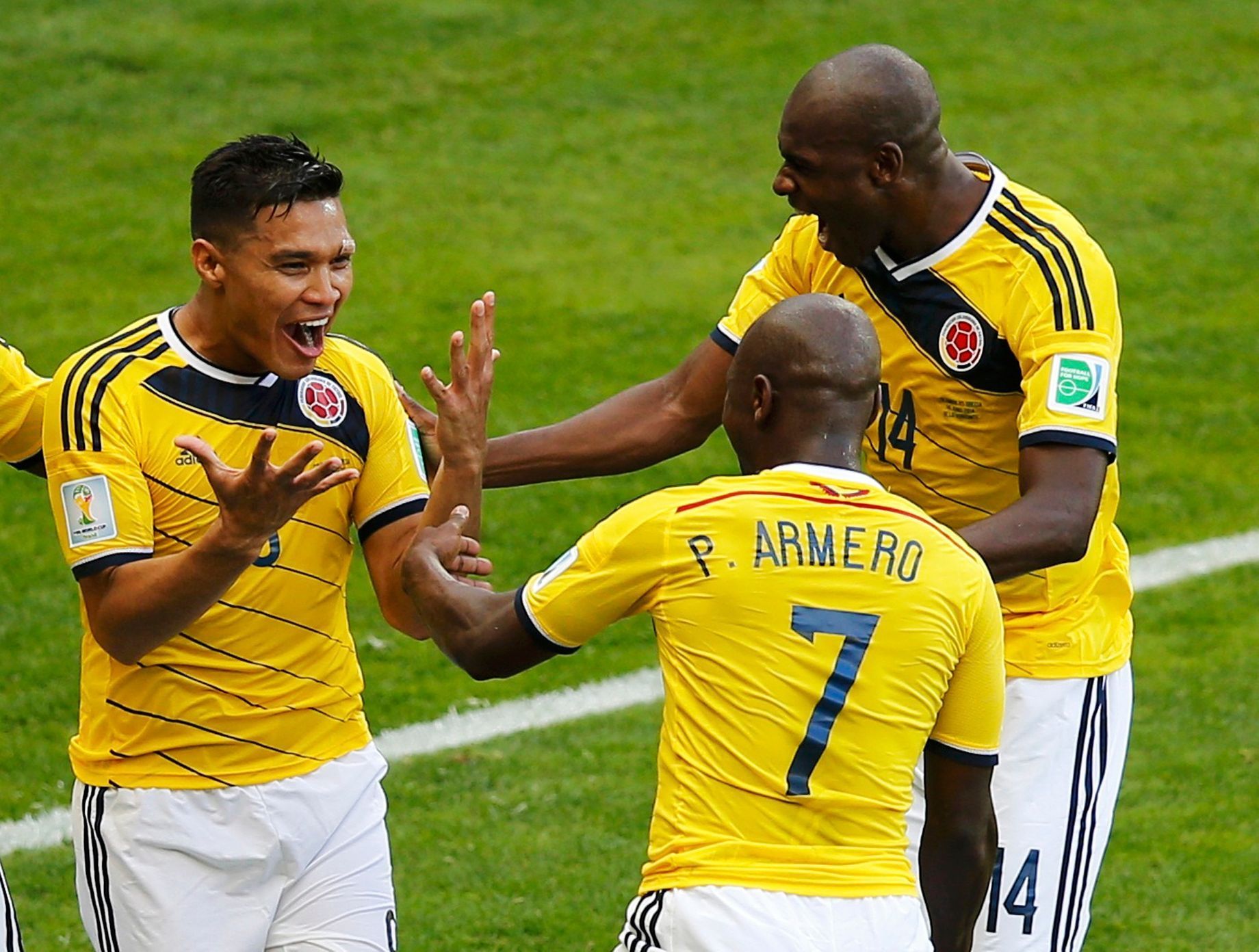 MS ve fotbale v Brazílii: Kolumbie, radost, gól (Teofilo Gutierrez, Pablo Armero, Victor Ibarbo)