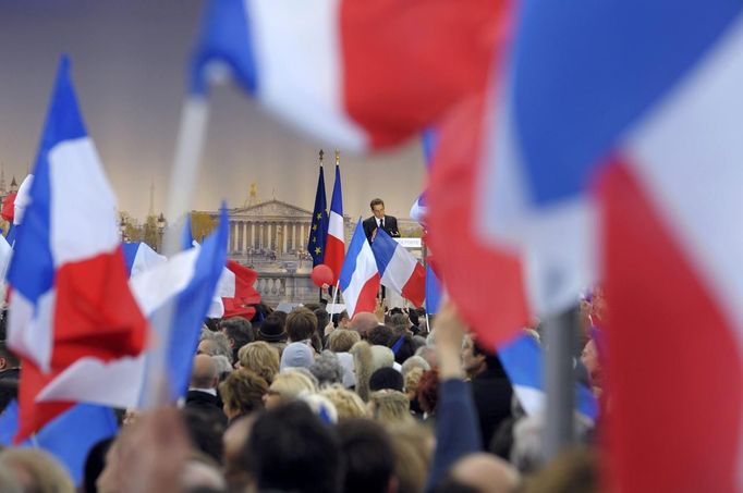 France's President and UMP party candidate for the 2012 French presidential elections Sarkozy addresses a political rally on the place de la Concorde in Paris