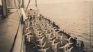 Sailors take part in morning exercises aboard a German Navy warship in this 1917 handout picture taken at an unknown location at sea.