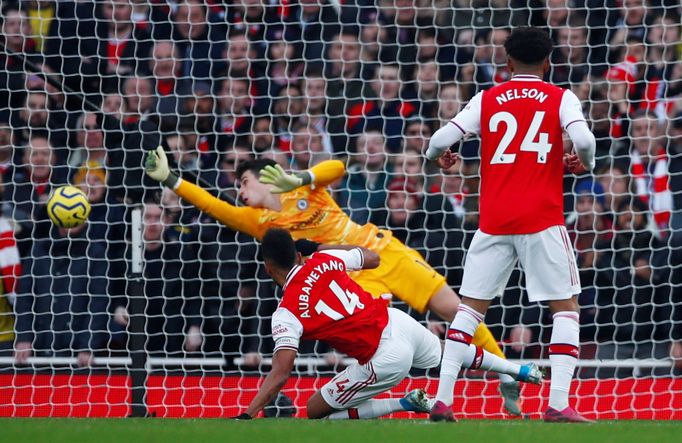 Soccer Football - Premier League - Arsenal v Chelsea - Emirates Stadium, London, Britain - December 29, 2019 Arsenal's Pierre-Emerick Aubameyang scores their first goal