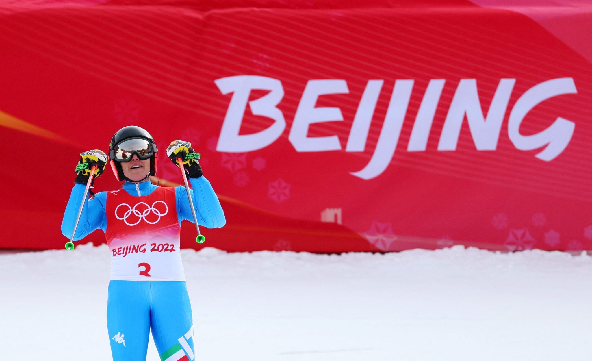Federica Brignoneová v cíli olympijského obřího slalomu