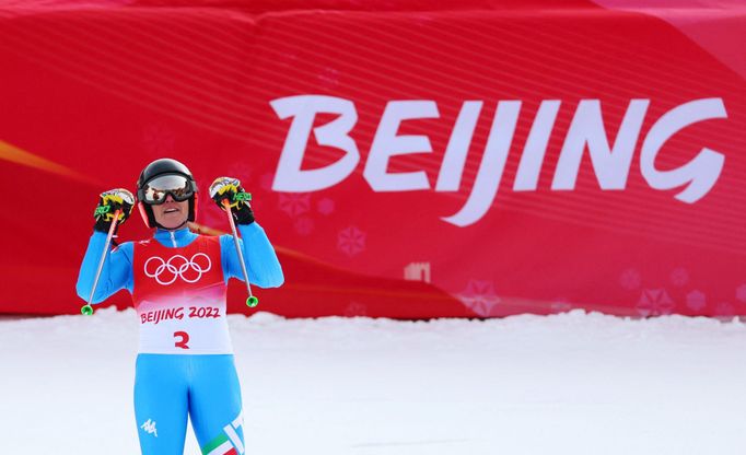 Federica Brignoneová v cíli olympijského obřího slalomu.