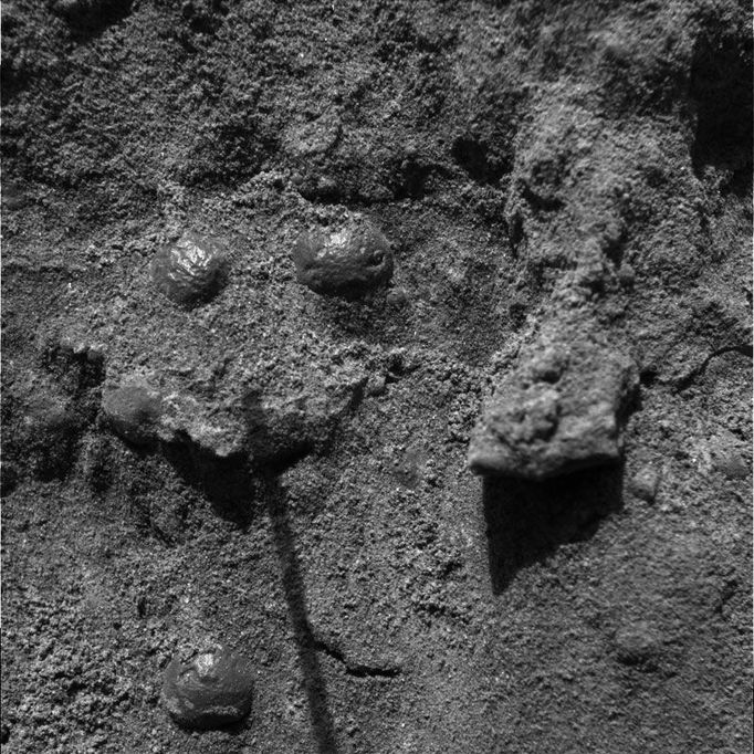 The Mystery of the Sparkling Spheres 2/19/04 This image, taken by the microscopic imager, an instrument located on the Mars Exploration Rover Opportunity 's instrument deployment device, or "arm," reveals shiny, spherical objects embedded within the trench wall at Meridiani Planum, Mars. Scientists are highly intrigued by these objects and may further investigate them. The area in this image measures approximately 3 centimeters (1.2 inches) across. Image Credit: NASA/JPL/USGS