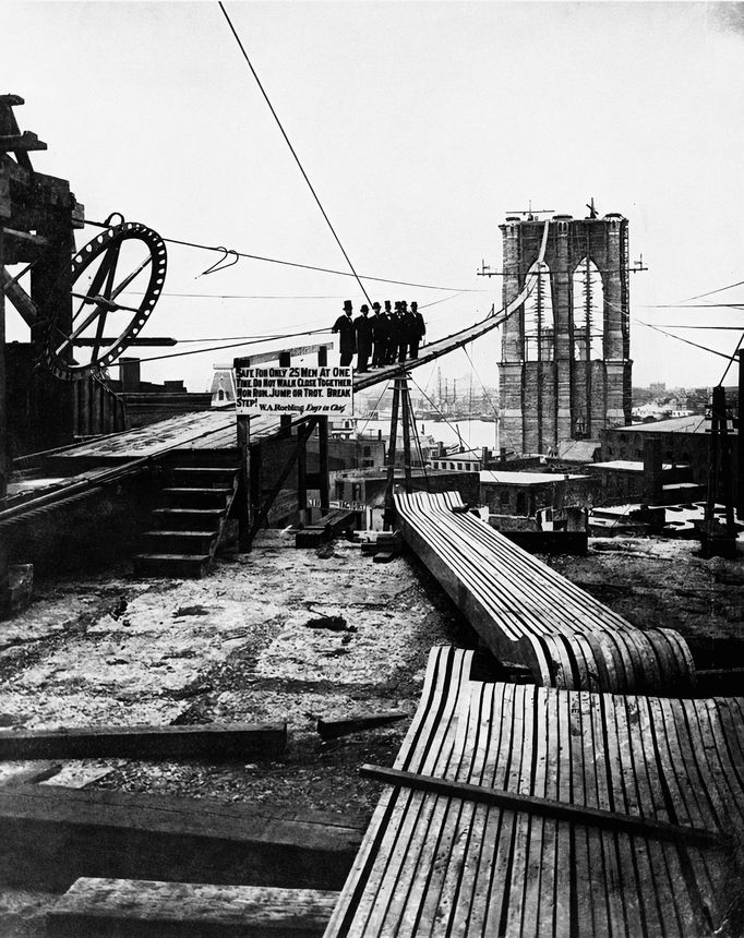 Fotografie pořízená během stavby Brooklynského mostu v New Yorku. Rok 1878