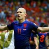 Robben of the Netherlands gestures as he celebrates after scoring a goal against Spain during their 2014 World Cup Group B soccer match at the Fonte Nova arena in Salvador