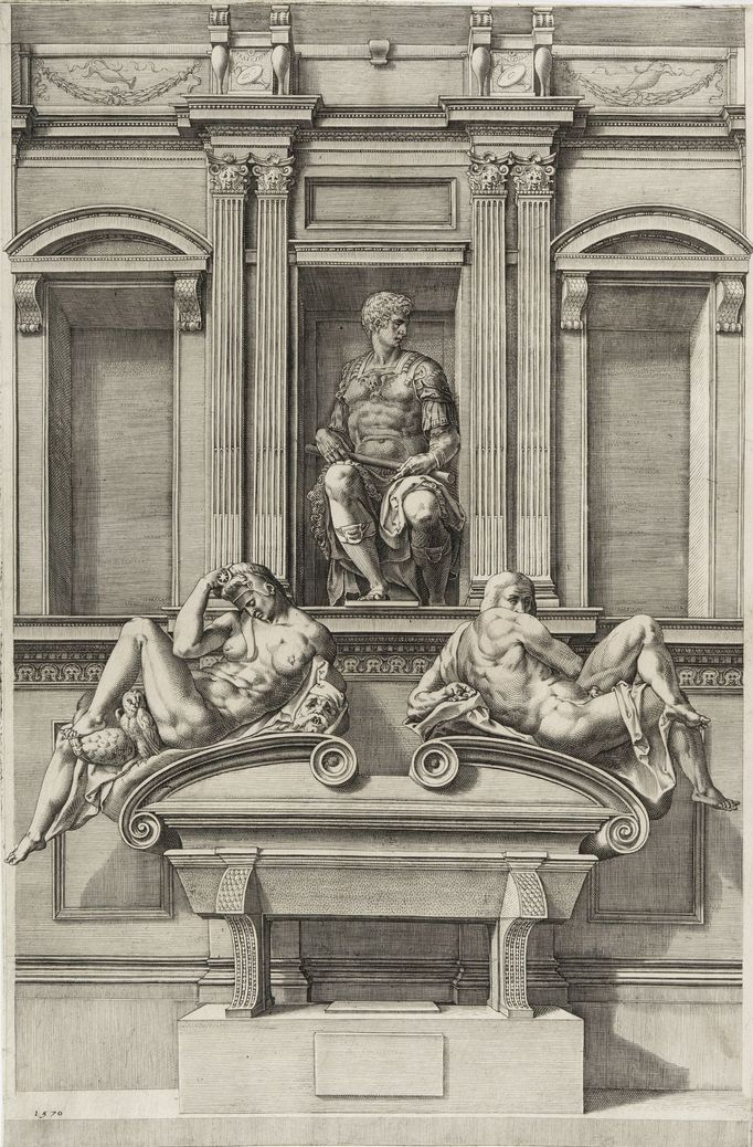 Cornelis Cort podle Michelangela Buonarottiho: Náhrobek Giuliana Medicejského, Noc a den, 1570, mědiryt.